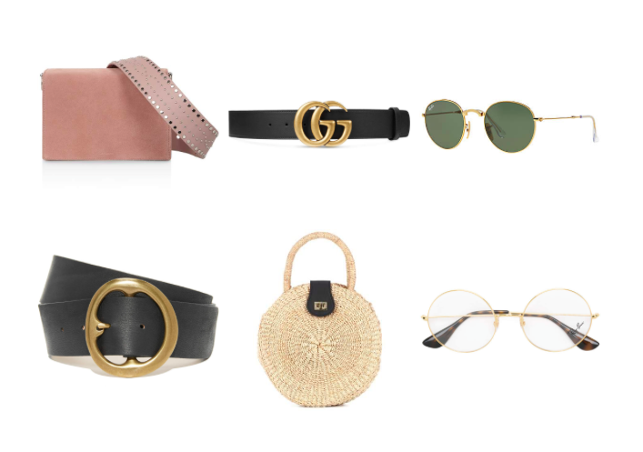 Accessoire trend, gucci belt, ray ban round metal zonnebril en rieten handtas