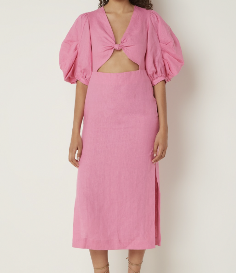 Barbie roze Midi jurk van linnen met geknoopt detail